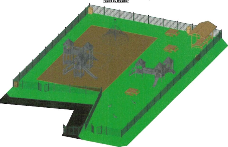 Un terrain communal attaché à l'école d'Hingeon est disponible pour implanter une aire de jeux ainsi que du mobilier urbain permettant aux accompagnants de s'installer et de passer un moment en famille ou entre amis. Ce terrain donne sur la Grand route et sera donc visible et accessible facilement par les 8000 véhicules qui passent quotidiennement. Le présent dossier concerne uniquement la partie convivialité: achat de tables de pic nic, de poubelles et d'un kiosque. La partie "aire de jeux", recevable dans le cadre du budget participatif de la Province de Namur, est schématisée ci-dessous afin de montrer le projet global.